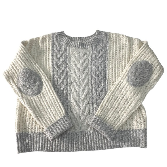Sleeping on Snow Cream Gray Cable Knit Alpaca Blend Sweater Small Elbow Patch - Picture 1 of 7
